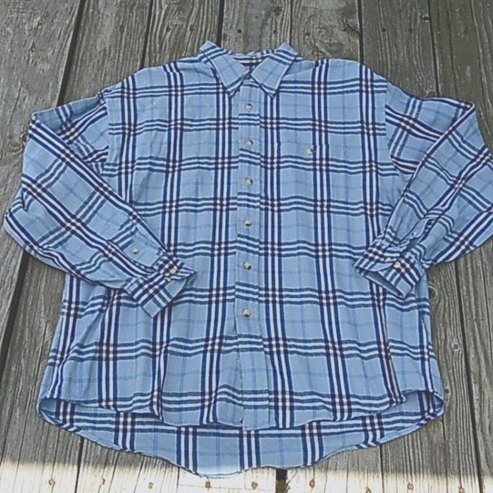 Soft Blue Plaid Cotton Flannel Van Heusen Button Down Long Sleeve Shirt